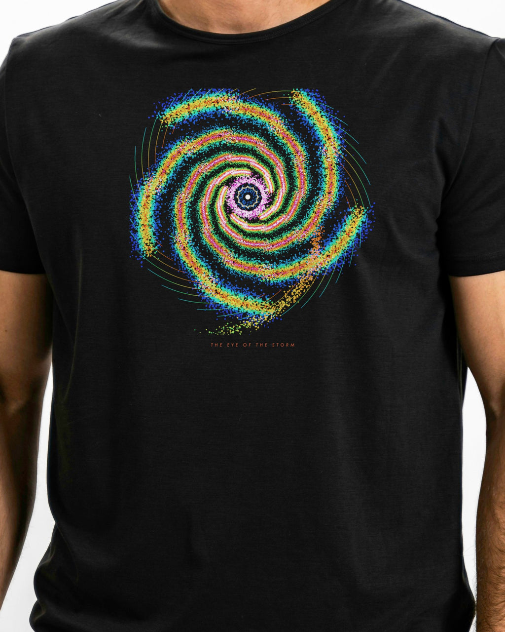 Model photo of the The Eye of the Storm Tee: illustrative, print shown at actual size