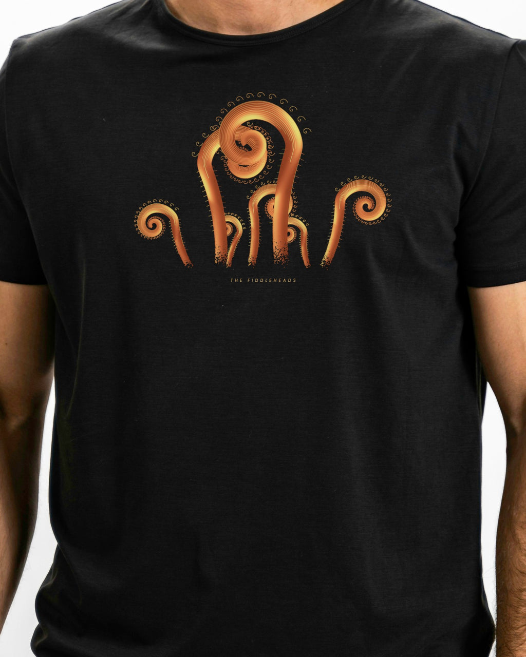 Model photo of the The Fiddleheads Tee: illustrative, print shown at actual size