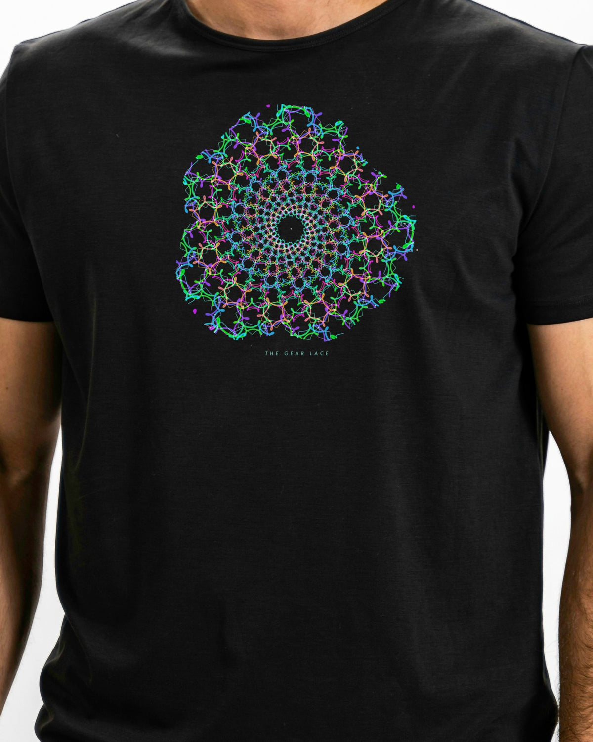 Model photo of the The Gear Lace Tee: illustrative, print shown at actual size