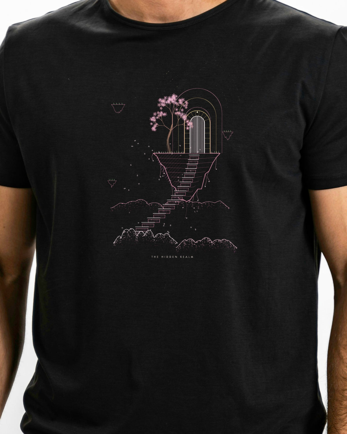 Model photo of the The Hidden Realm Tee: illustrative, print shown at actual size