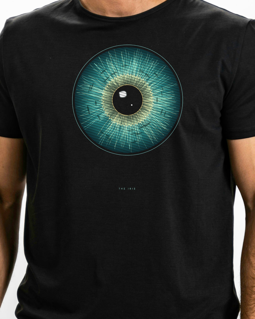 Model photo of the The Iris Tee: illustrative, print shown at actual size