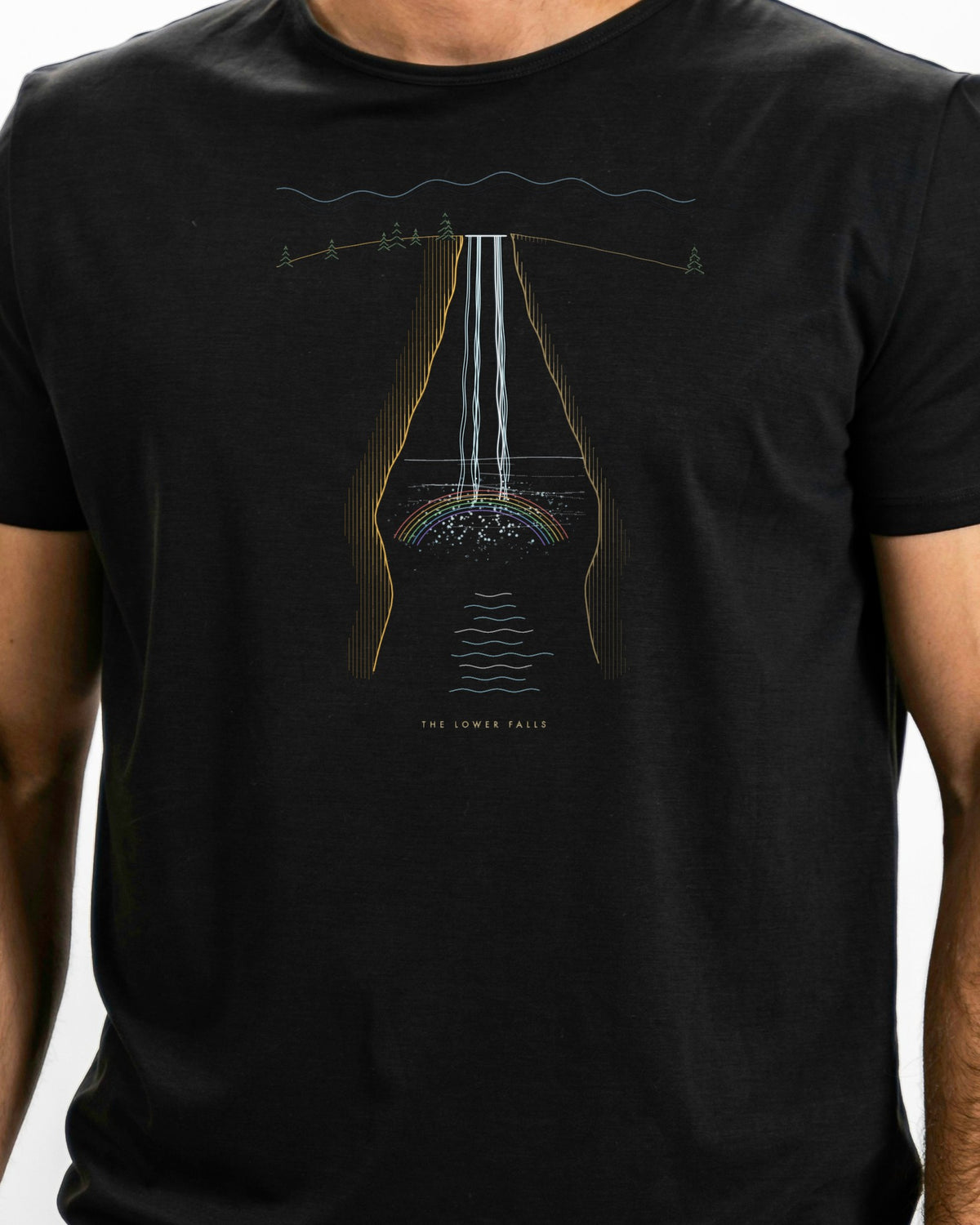 Model photo of the The Lower Falls Tee: illustrative, print shown at actual size