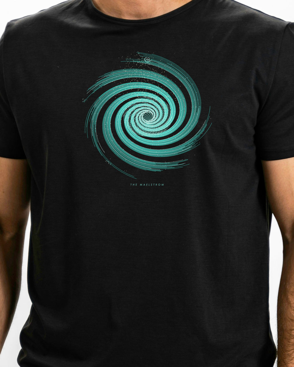 Model photo of the The Maelstrom Tee: illustrative, print shown at actual size