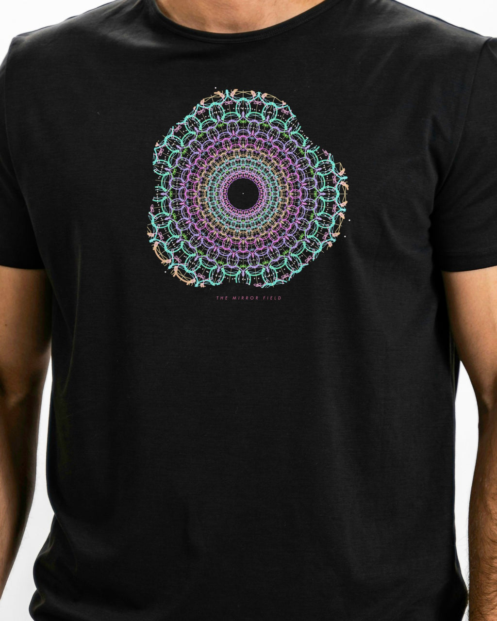 Model photo of the The Mirror Field Tee: illustrative, print shown at actual size