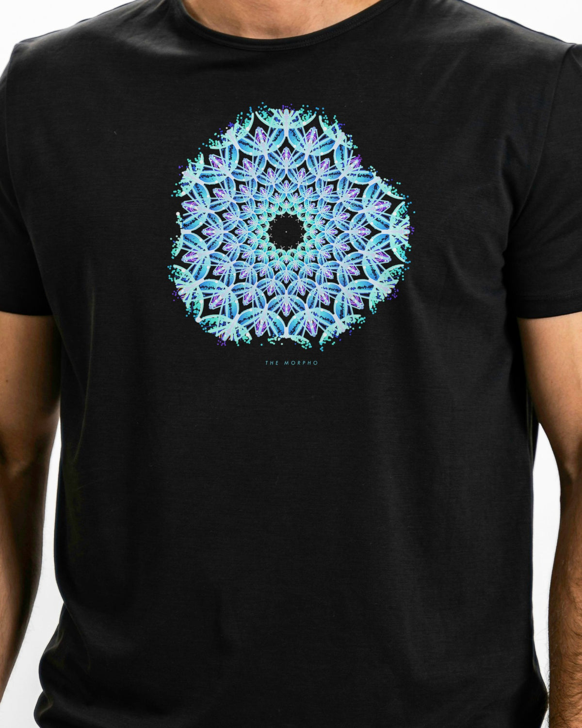 Model photo of the The Morpho Tee: illustrative, print shown at actual size