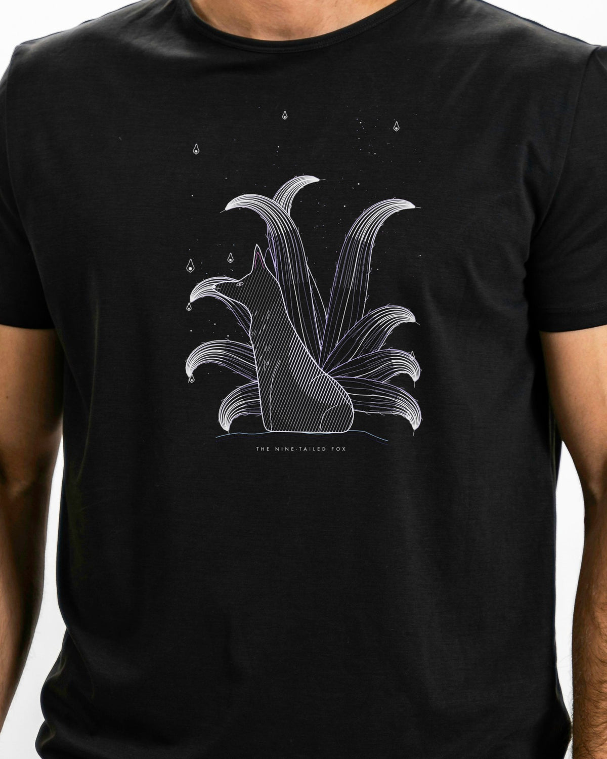 Model photo of the The Nine-Tailed Fox Tee: illustrative, print shown at actual size