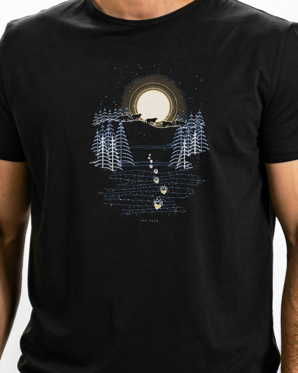 Model photo of the The Pack Tee: illustrative, print shown at actual size