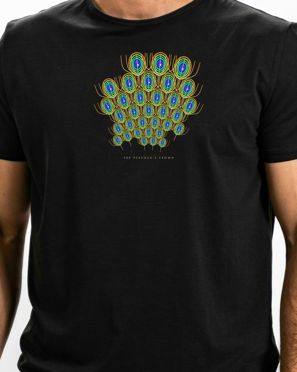Model photo of the The Peacock's Crown Tee: illustrative, print shown at actual size