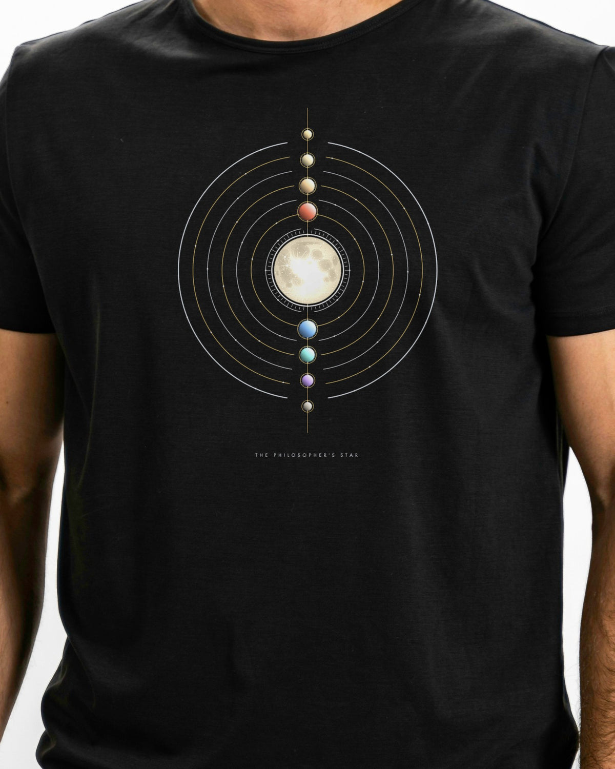 Model photo of the The Philosopher's Star Tee: illustrative, print shown at actual size