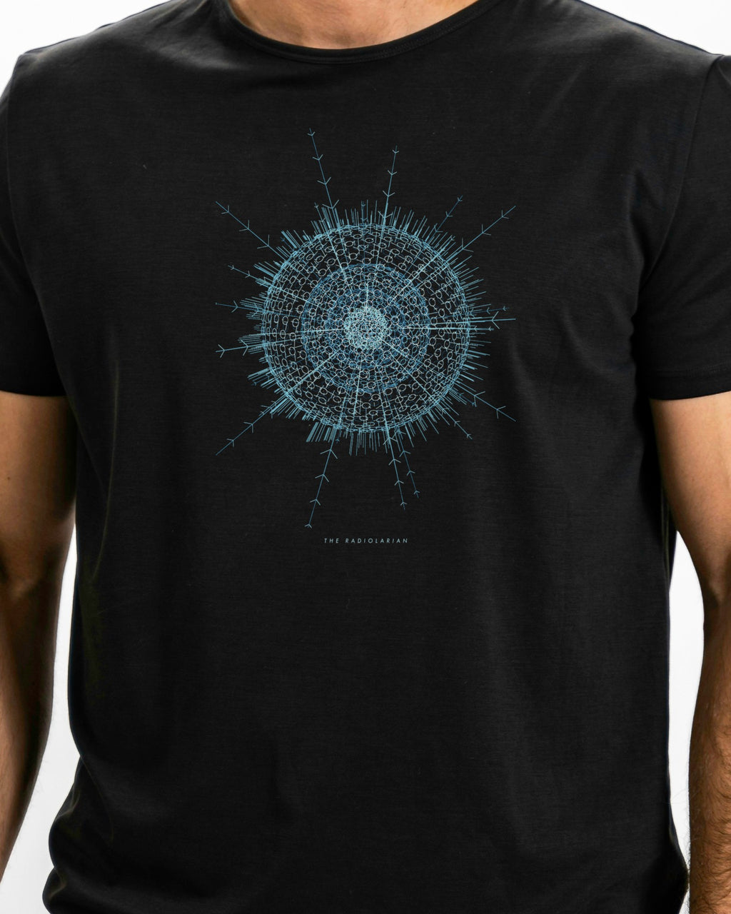 Model photo of the The Radiolarian Tee: illustrative, print shown at actual size
