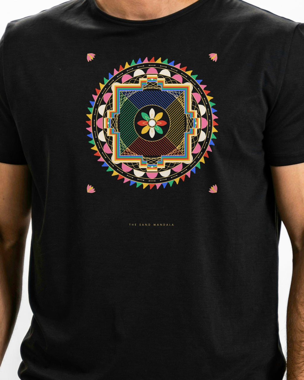 Model photo of the The Sand Mandala Tee: illustrative, print shown at actual size