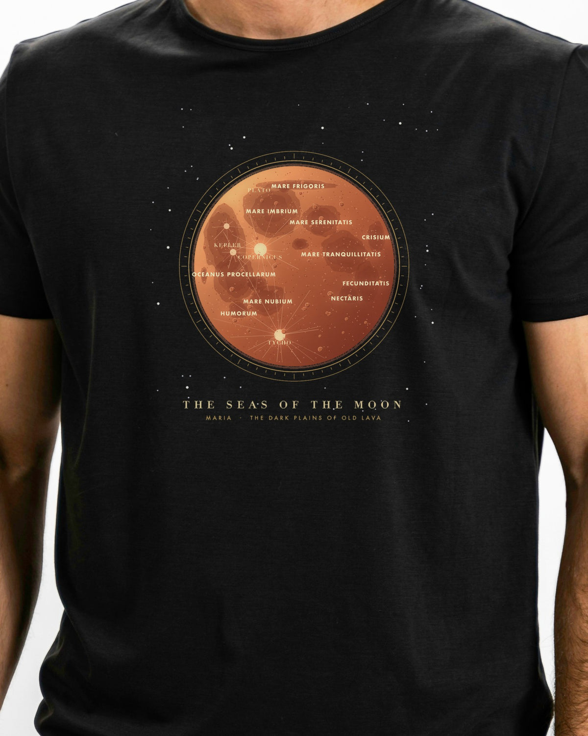 Model photo of the The Seas of the Moon Tee: illustrative, print shown at actual size