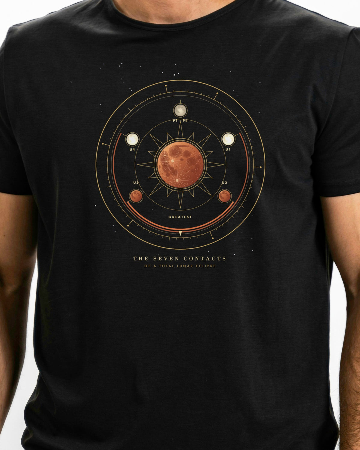 Model photo of the The Seven Contacts Tee: illustrative, print shown at actual size