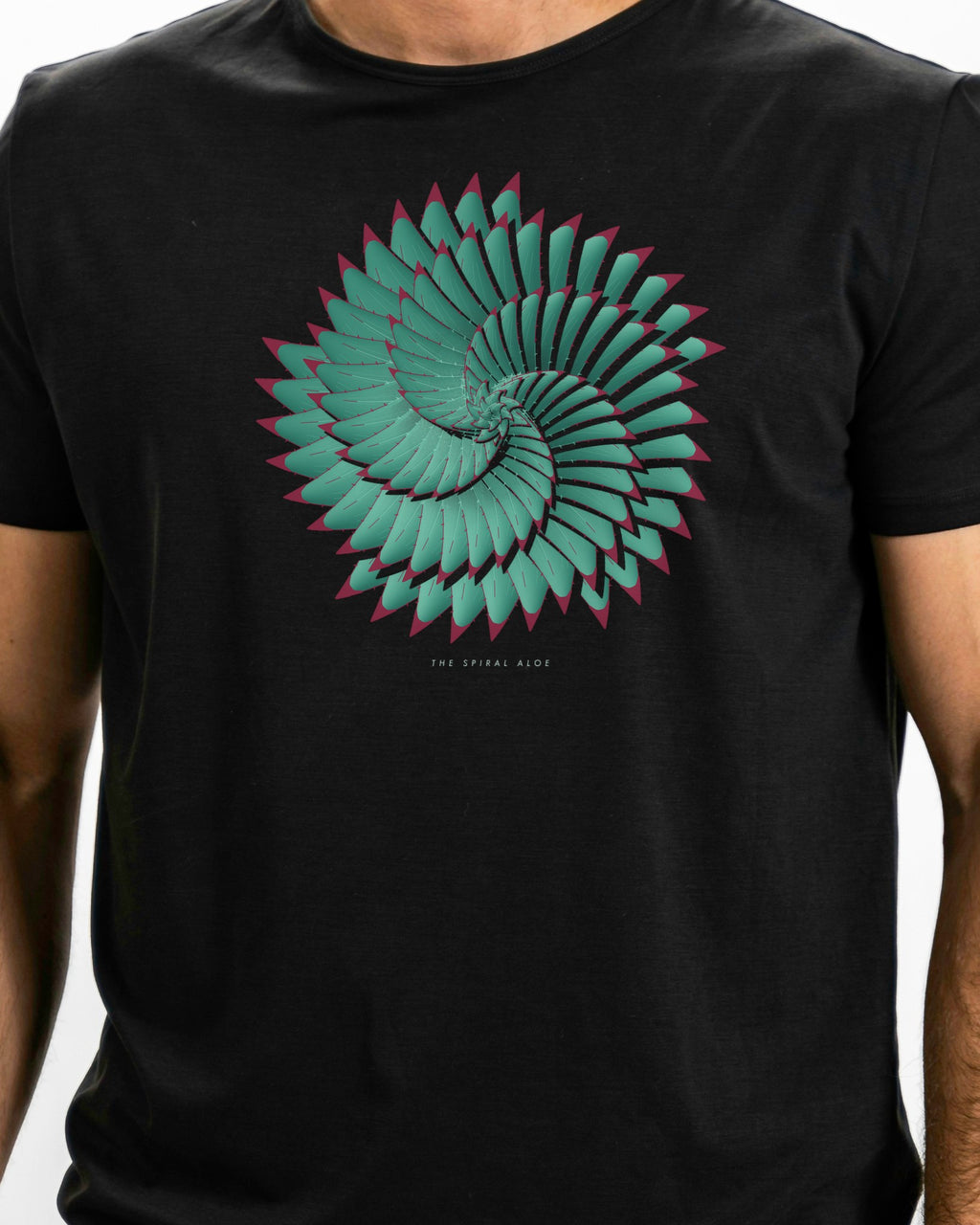 Model photo of the The Spiral Aloe Tee: illustrative, print shown at actual size
