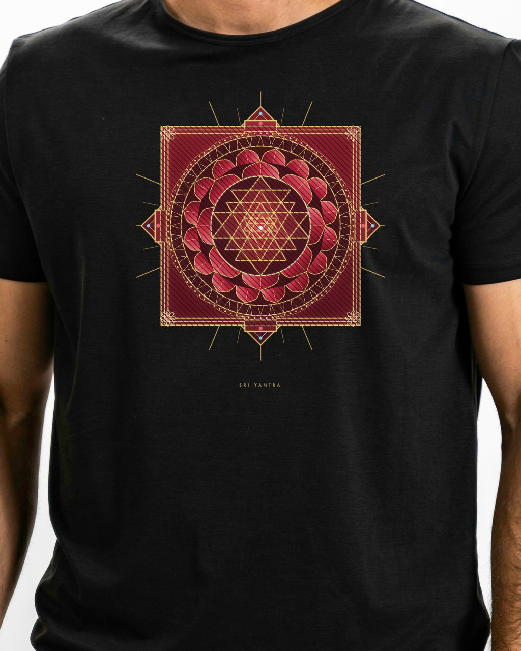 Model photo of the The Sri Yantra Tee: illustrative, print shown at actual size