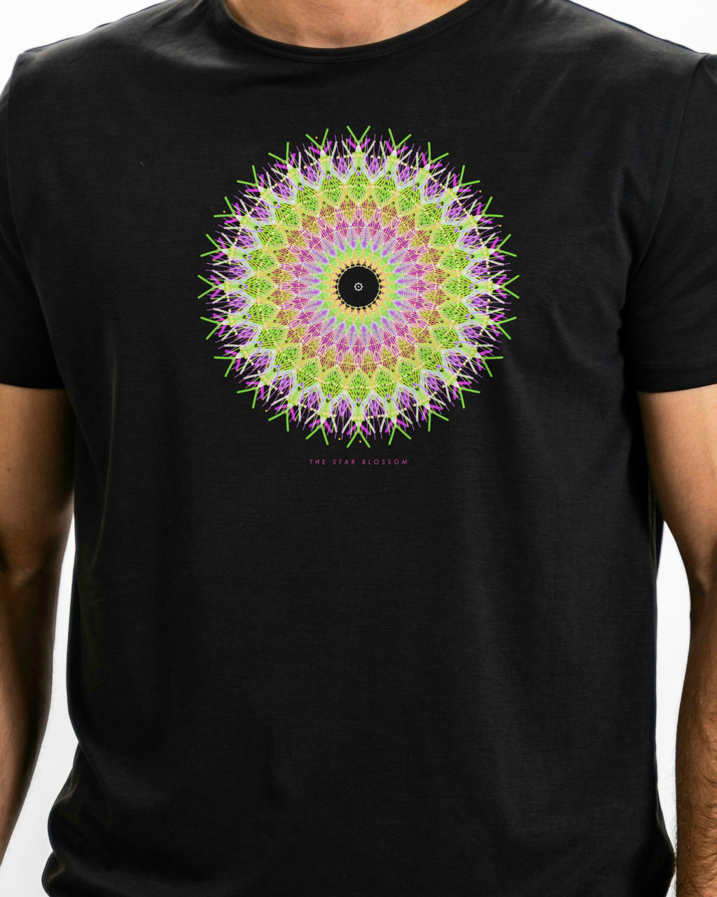 Model photo of the The Star Blossom Tee: illustrative, print shown at actual size