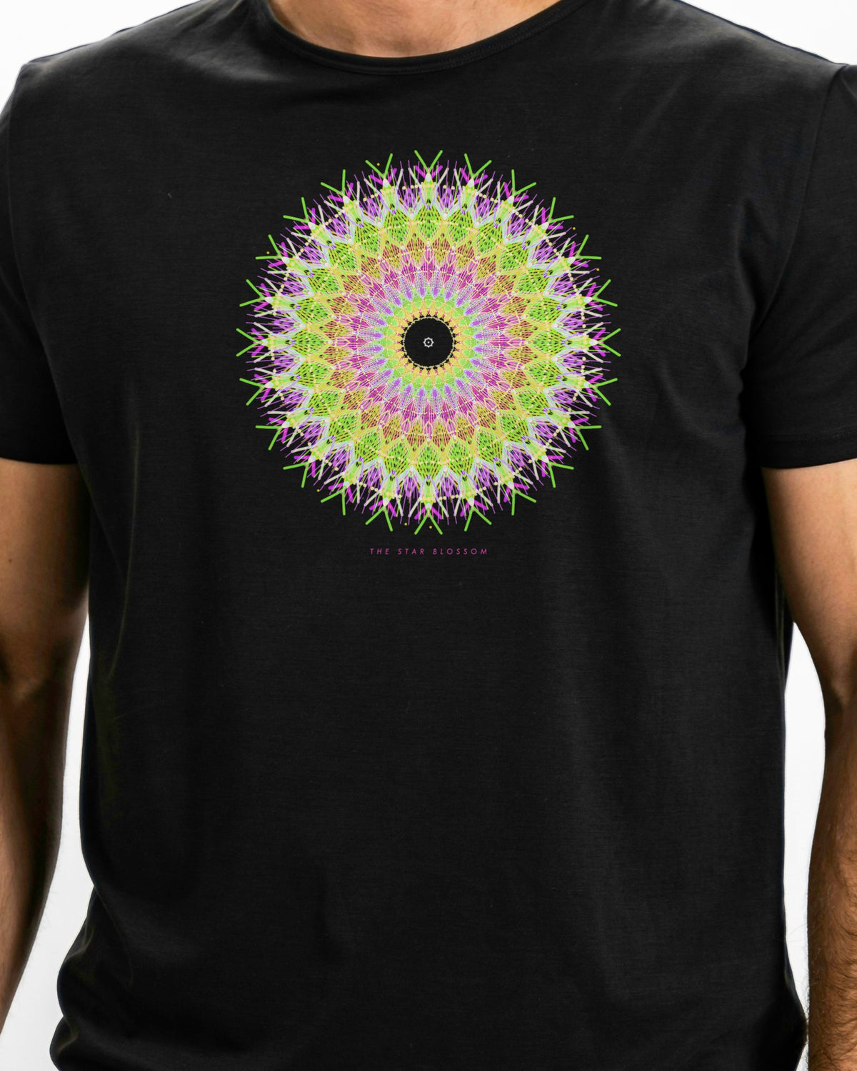 Model photo of the The Star Blossom Tee: illustrative, print shown at actual size