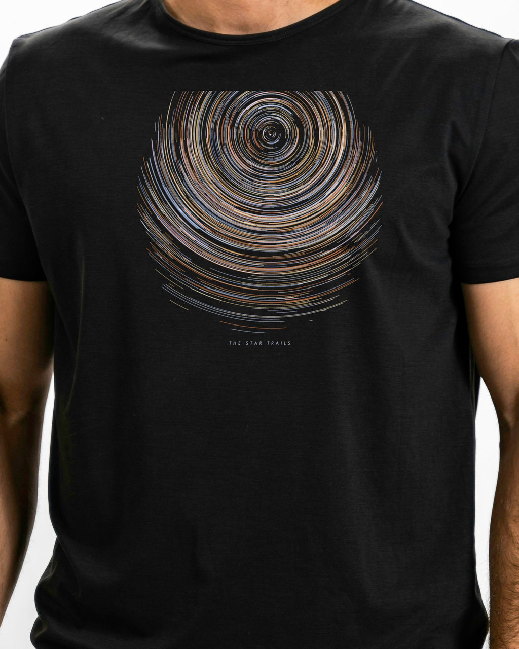 Model photo of the The Star Trails Tee: illustrative, print shown at actual size