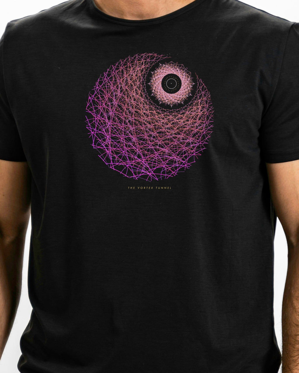 Model photo of the The Vortex Tunnel Tee: illustrative, print shown at actual size