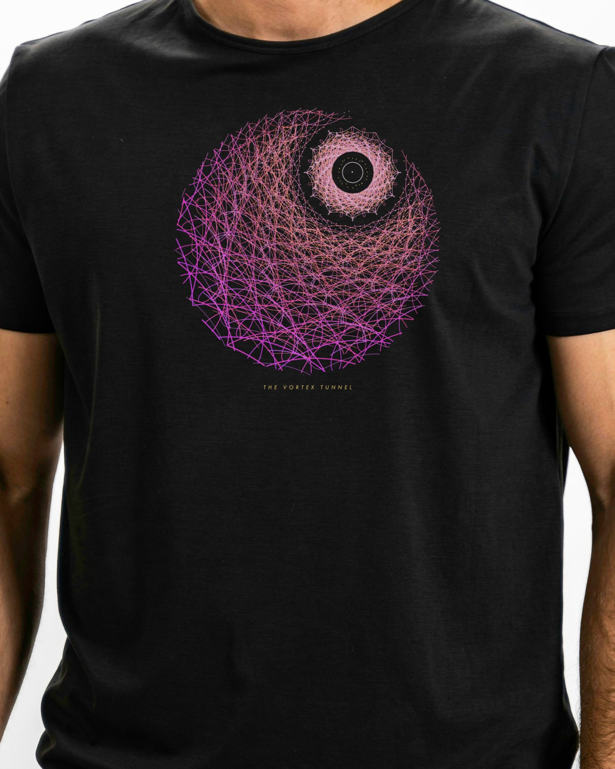 Model photo of the The Vortex Tunnel Tee: illustrative, print shown at actual size