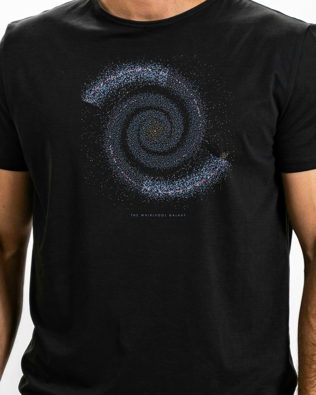 Model photo of the The Whirlpool Galaxy Tee: illustrative, print shown at actual size