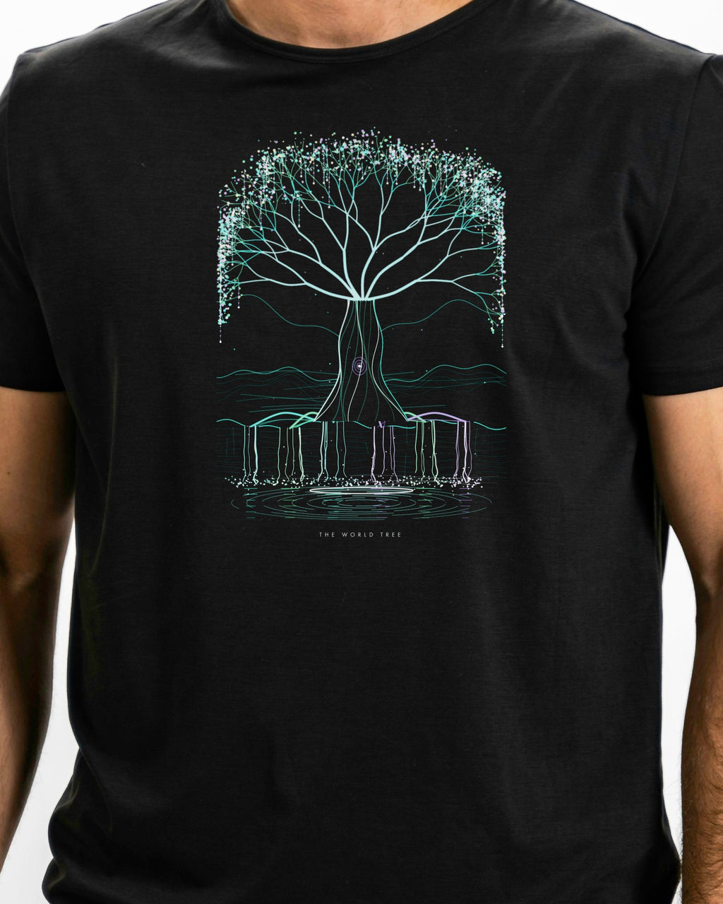 Model photo of the The World Tree Tee: illustrative, print shown at actual size
