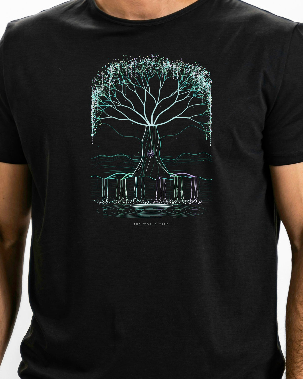 Model photo of the The World Tree Tee: illustrative, print shown at actual size