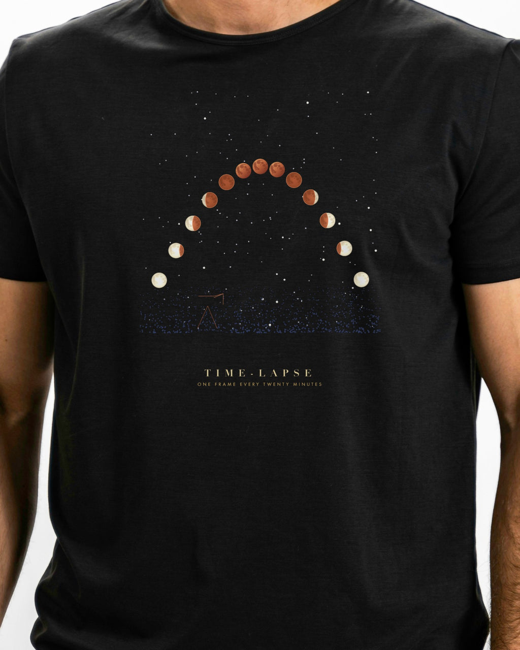 Model photo of the Time-Lapse Tee: illustrative, print shown at actual size
