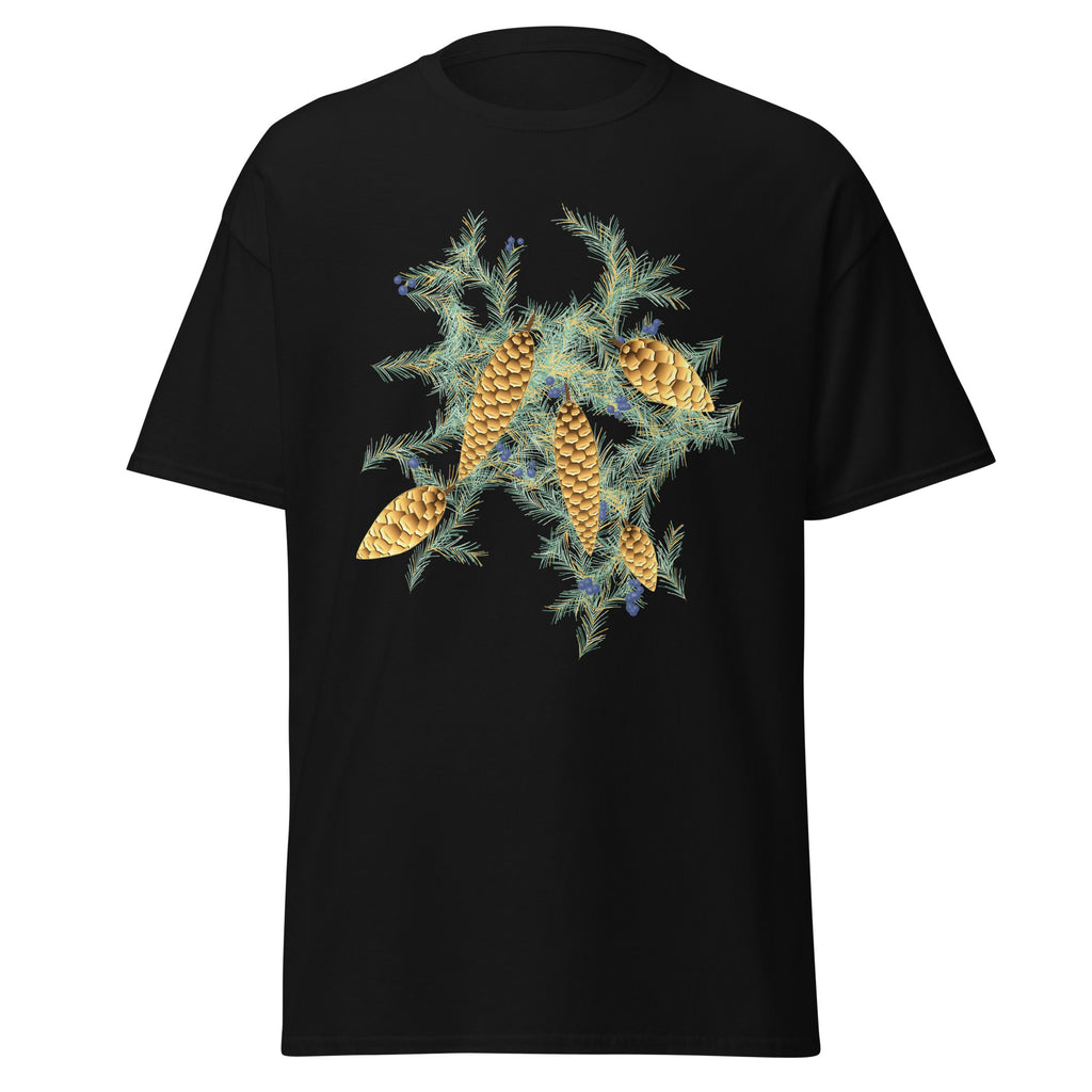 Gilded Evergreen graphic tee in Black, original art by AuraCanvas