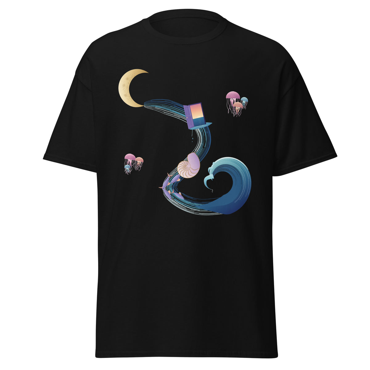 Dream Tide graphic tee in Black, original art by AuraCanvas