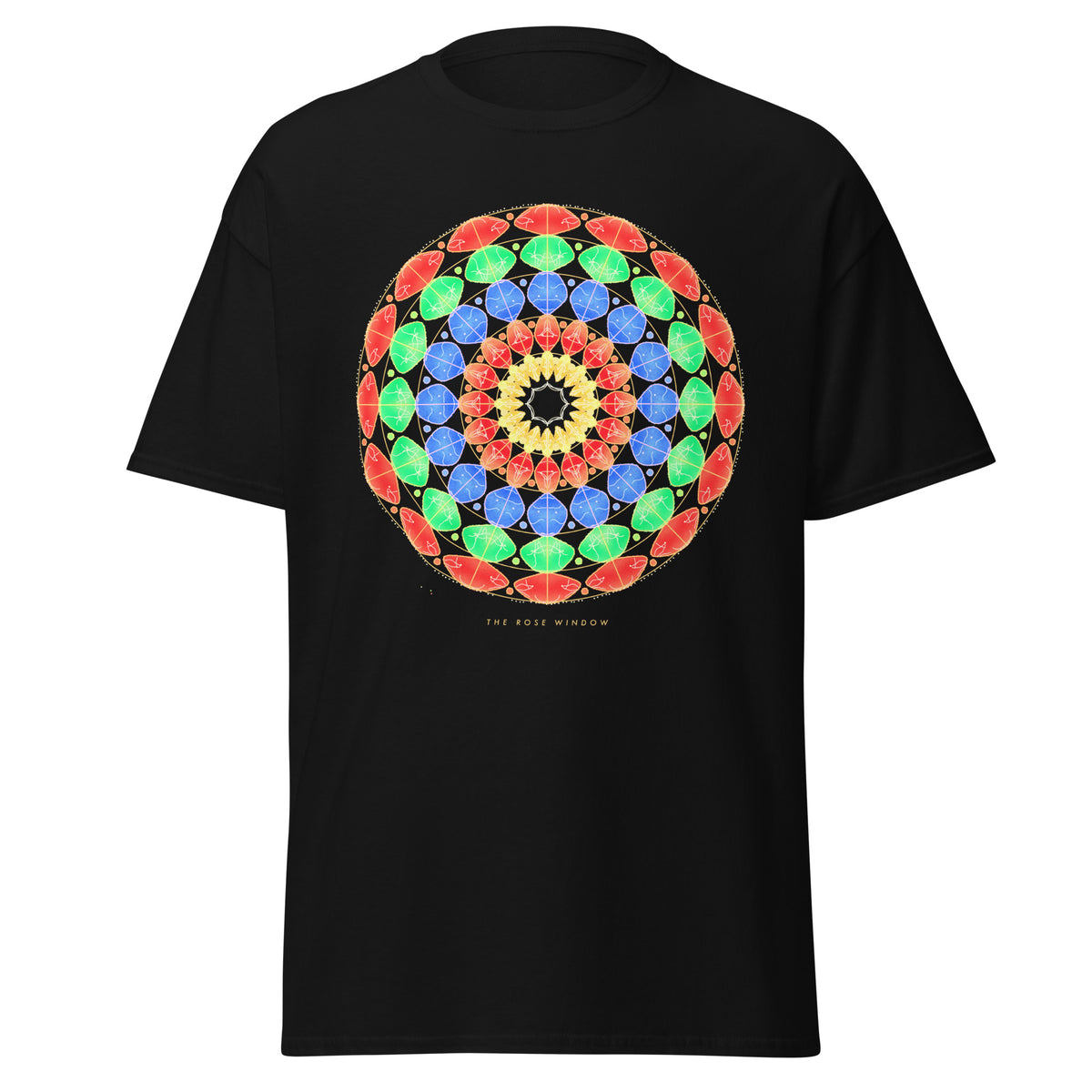 The Rose Window graphic tee in Black, original art by AuraCanvas