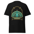 Deco Peacock graphic tee in Black, original art by AuraCanvas
