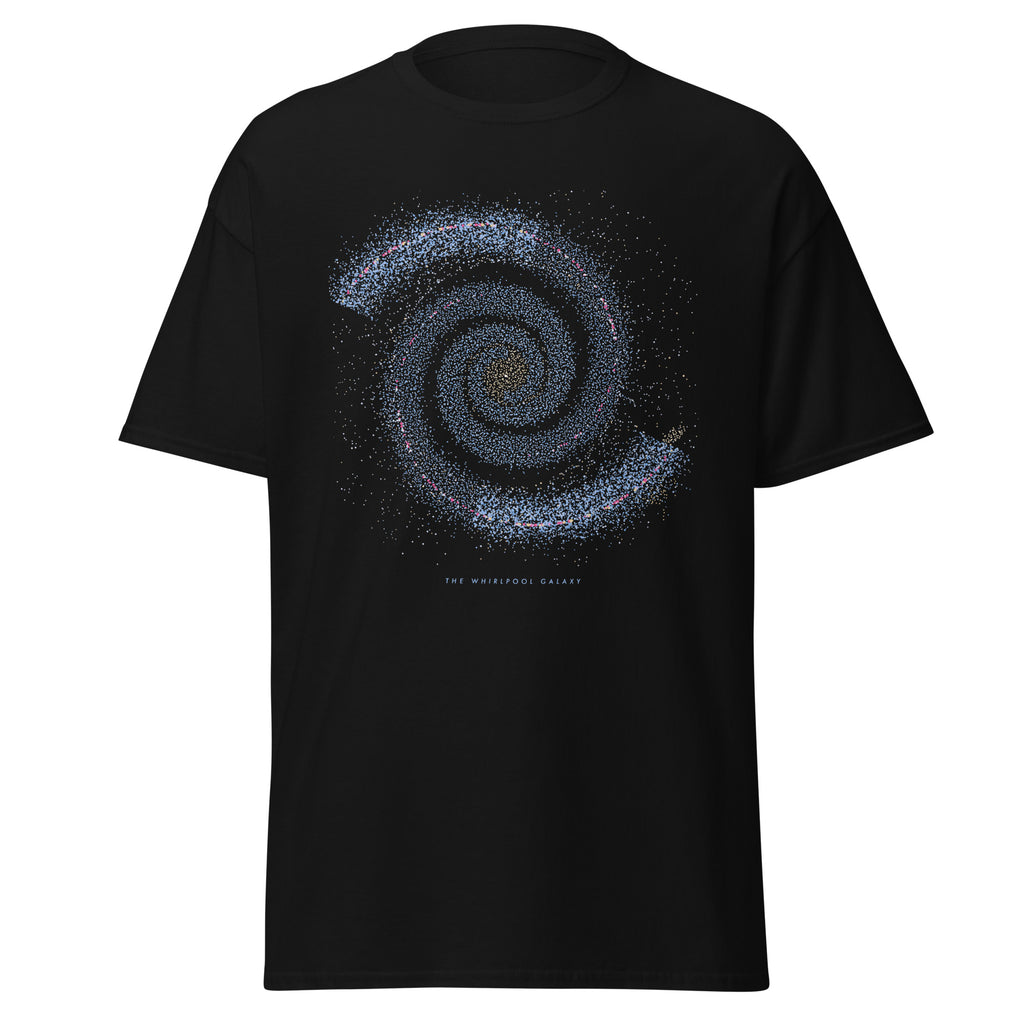 The Whirlpool Galaxy graphic tee in Black, original art by AuraCanvas