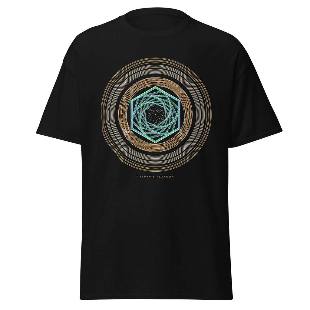 Saturn's Hexagon graphic tee in Black, original art by AuraCanvas
