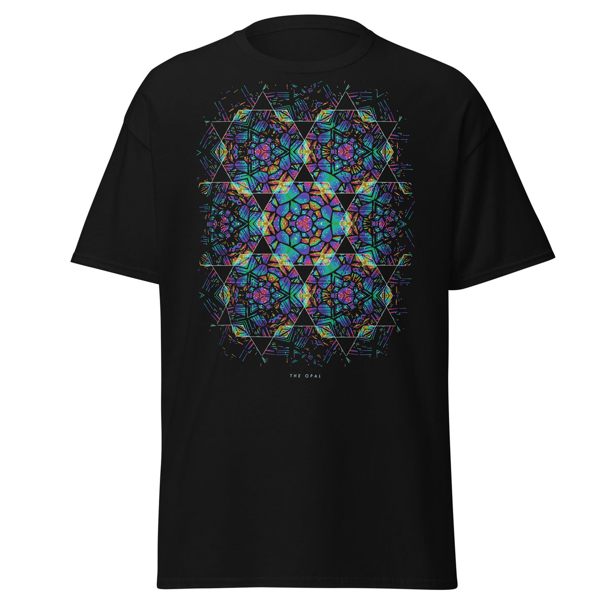 The Opal graphic tee in Black, original art by AuraCanvas