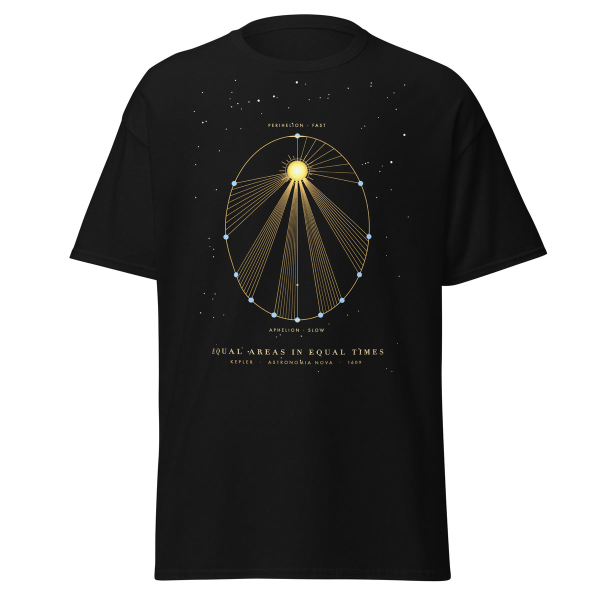 Kepler's Second Law graphic tee in Black, original art by AuraCanvas