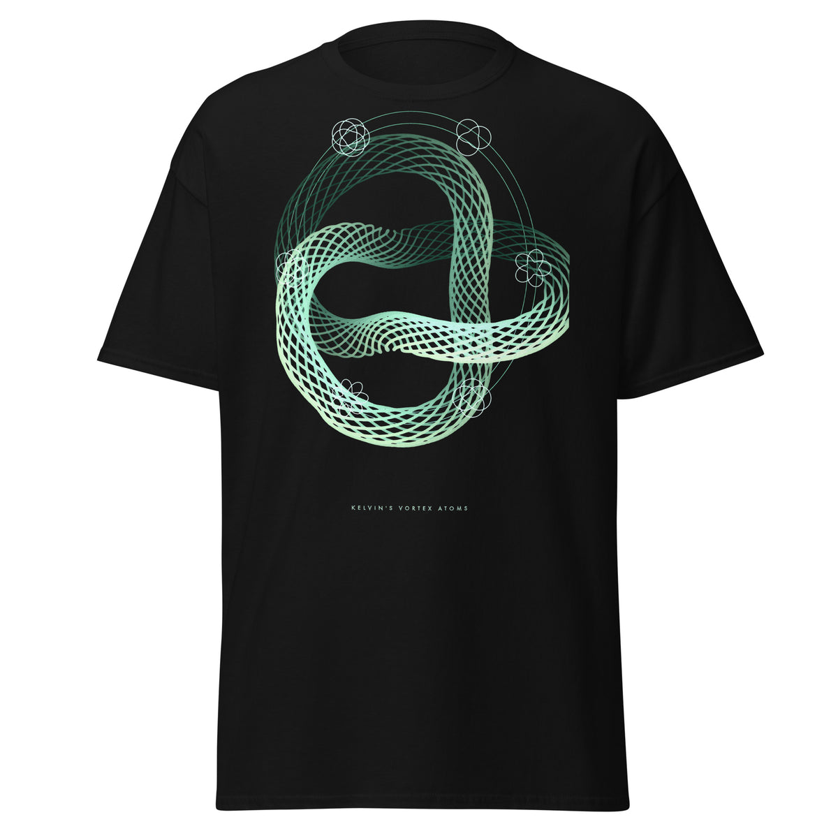 Kelvin's Vortex Atoms graphic tee in Black, original art by AuraCanvas