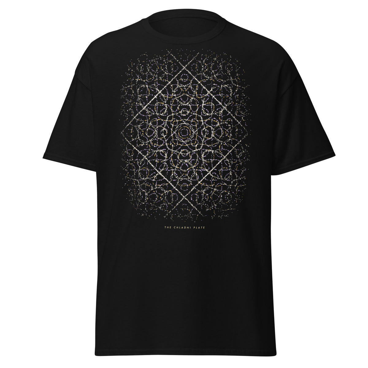 The Chladni Plate graphic tee in Black, original art by AuraCanvas