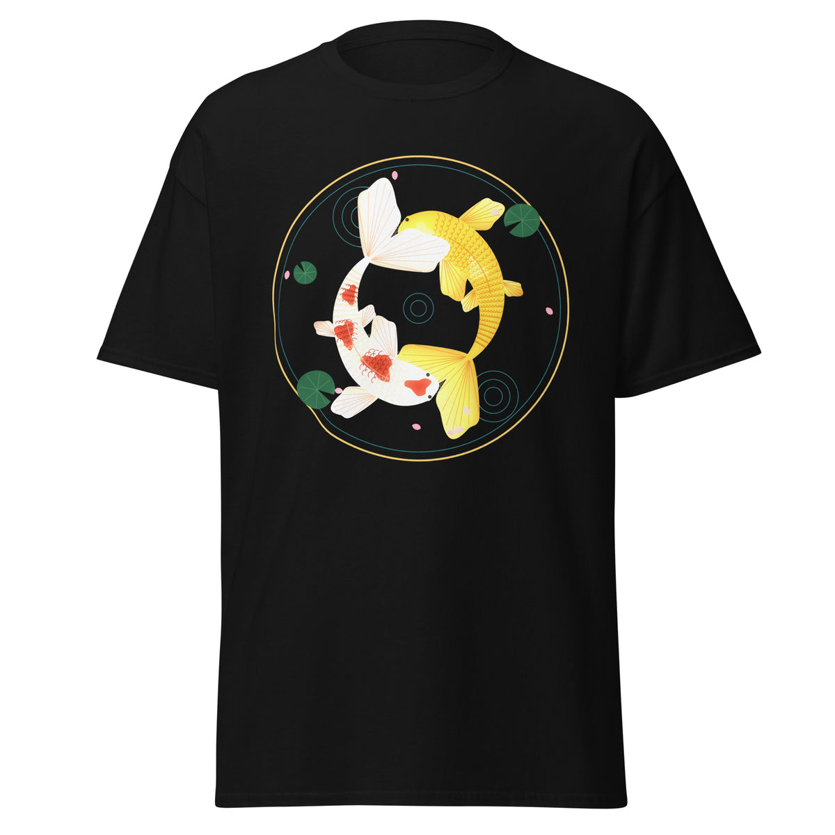 Koi Orbit graphic tee in Black, original art by AuraCanvas