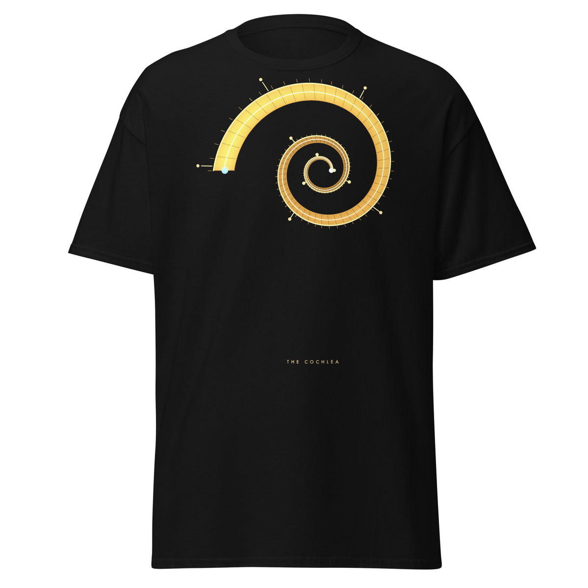 The Cochlea graphic tee in Black, original art by AuraCanvas