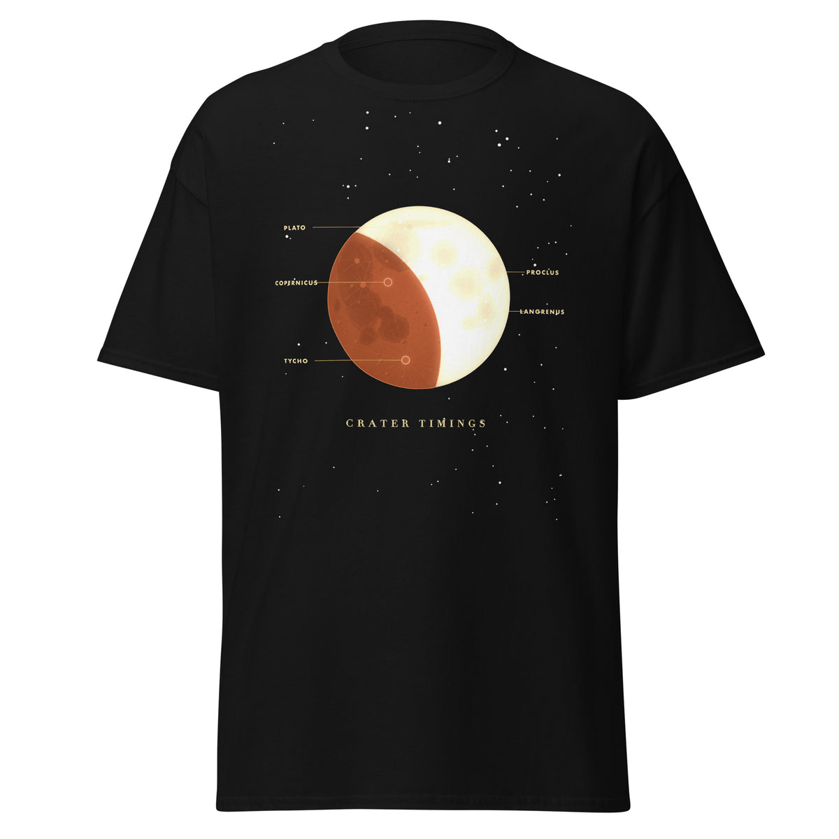 Crater Timings graphic tee in Black, original art by AuraCanvas