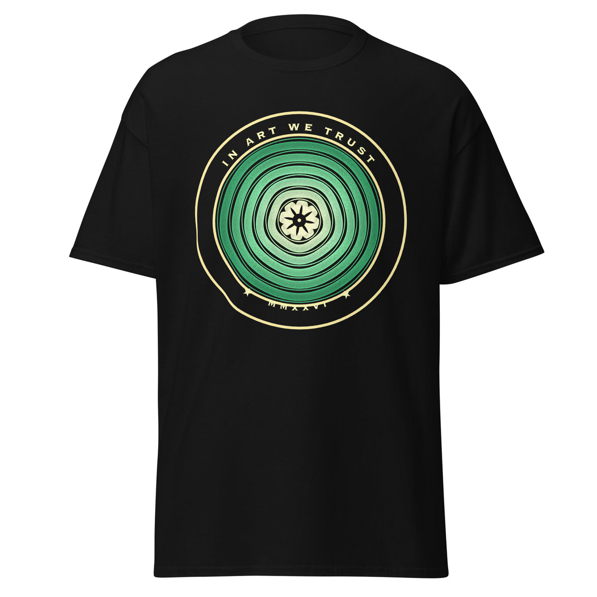 In Art We Trust graphic tee in Black, original art by AuraCanvas