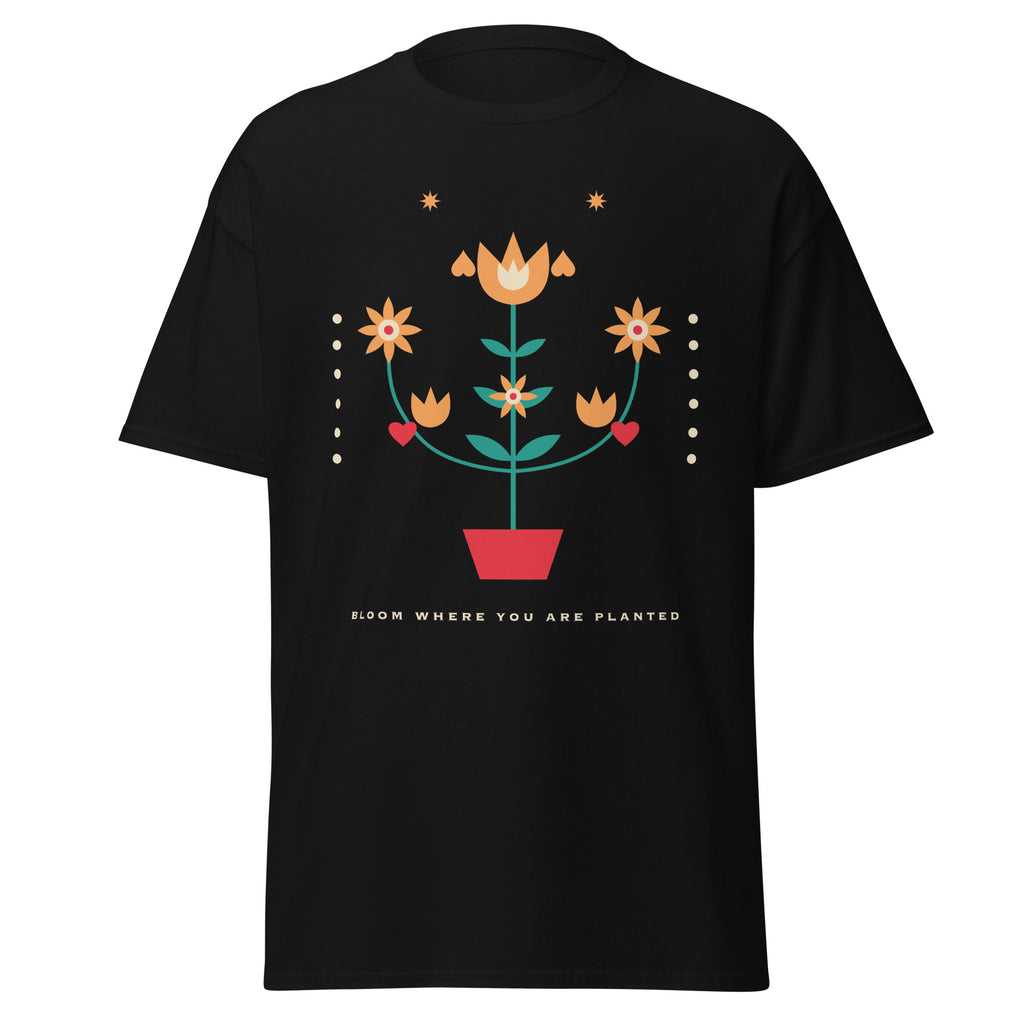 Folk Bloom graphic tee in Black, original art by AuraCanvas