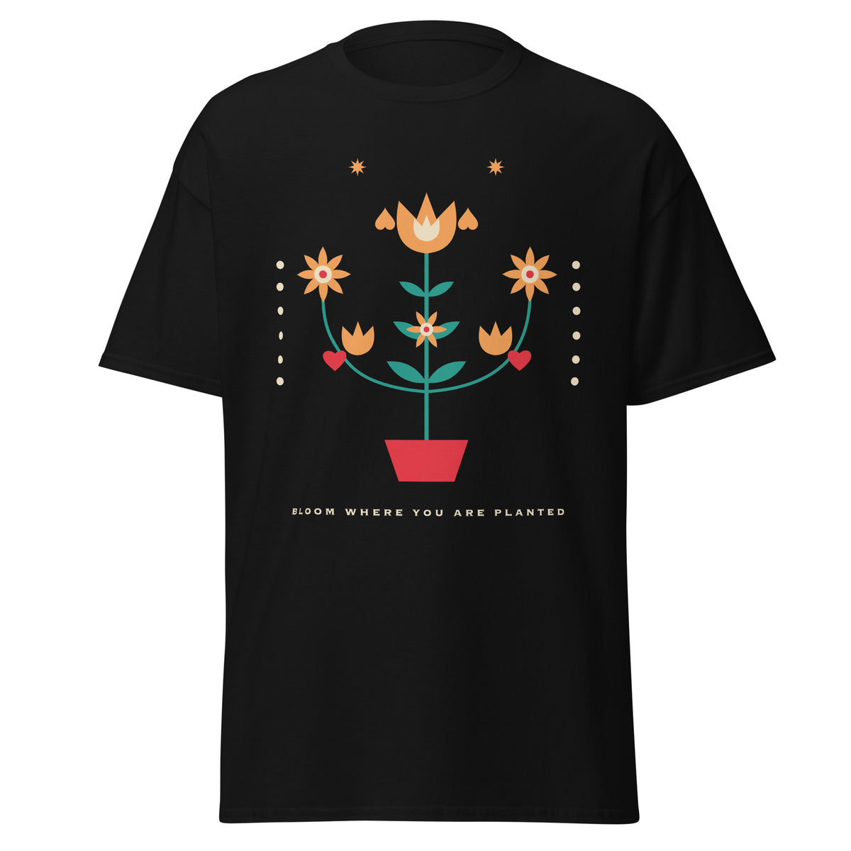 Folk Bloom graphic tee in Black, original art by AuraCanvas