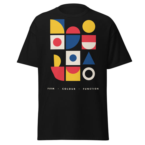 Bauhaus Blocks graphic tee in Black, original art by AuraCanvas