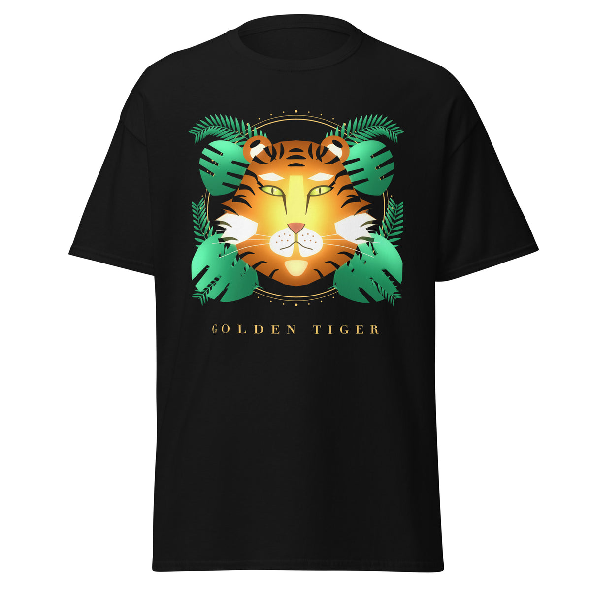 Golden Tiger graphic tee in Black, original art by AuraCanvas