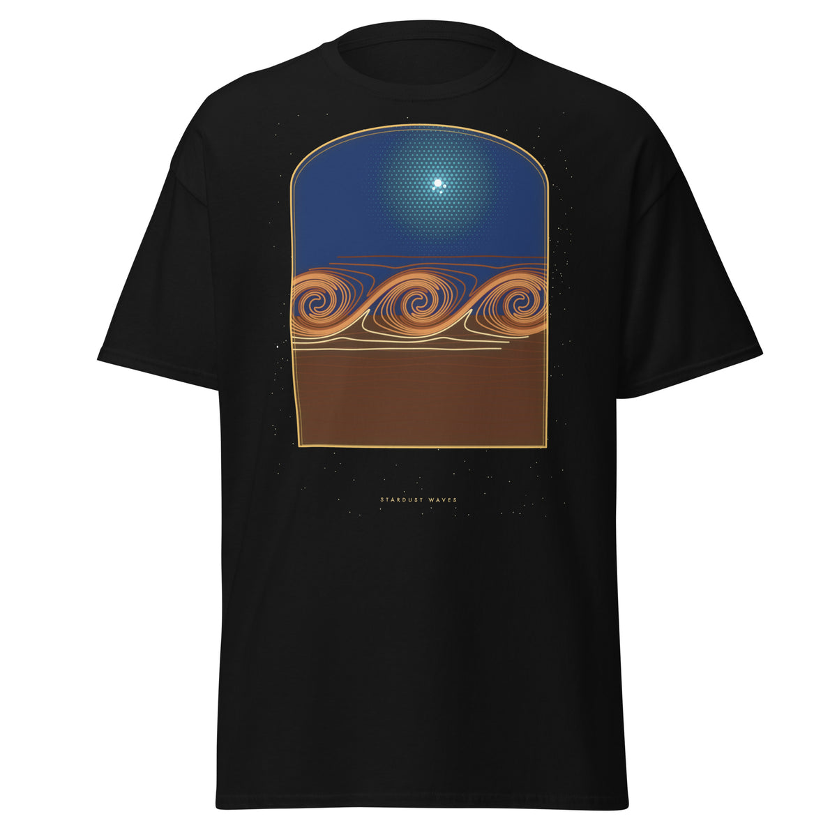 Stardust Waves graphic tee in Black, original art by AuraCanvas