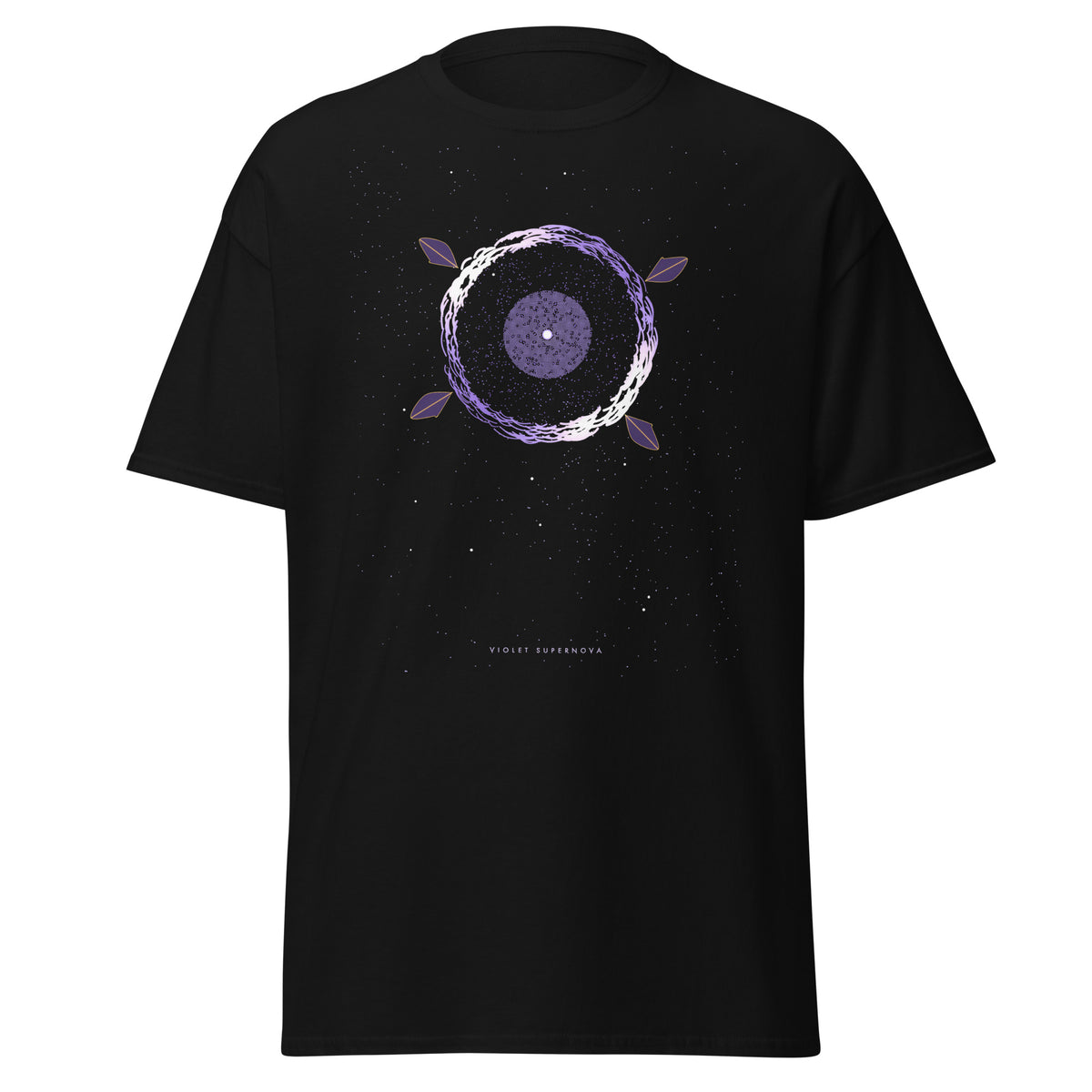Violet Supernova graphic tee in Black, original art by AuraCanvas