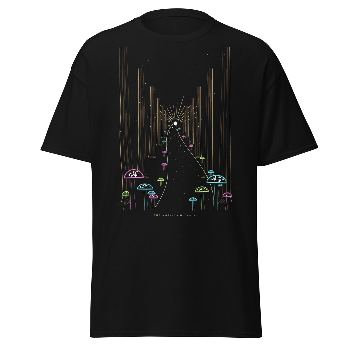 The Mushroom Glade graphic tee in Black, original art by AuraCanvas
