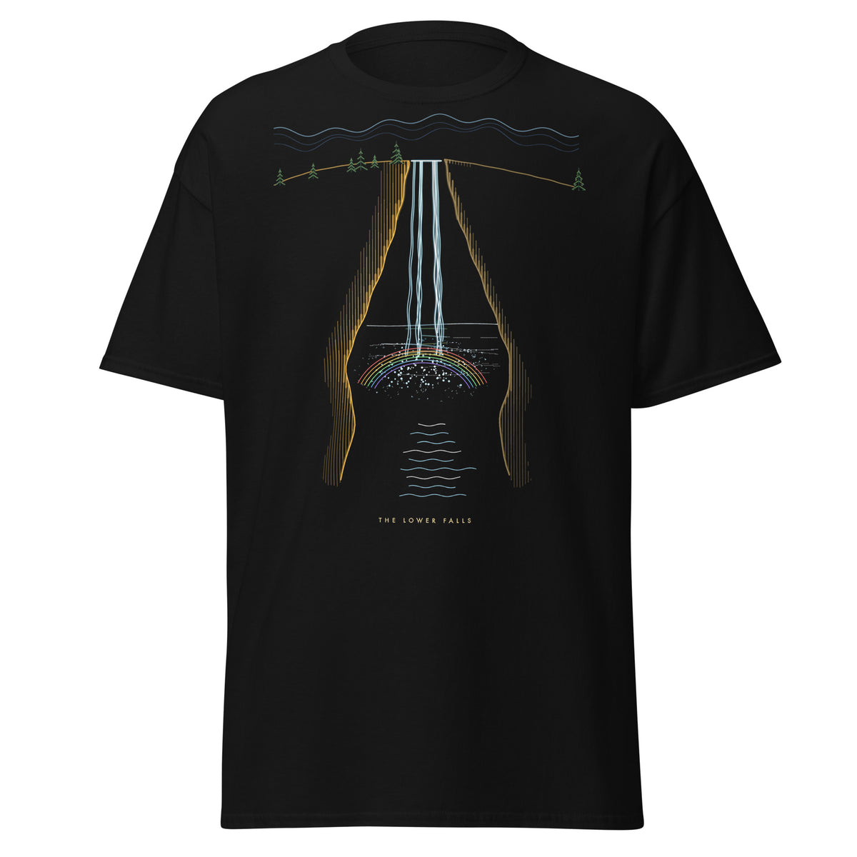 The Lower Falls graphic tee in Black, original art by AuraCanvas